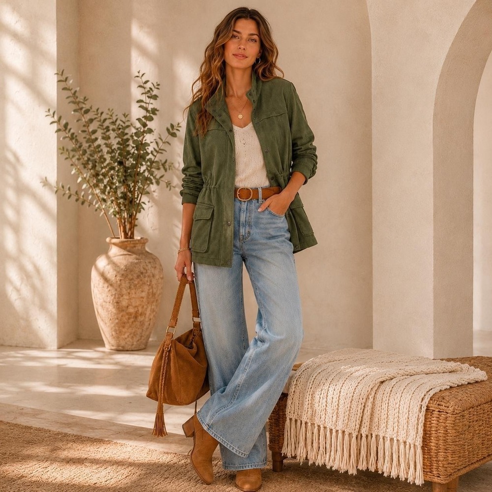 ANTHROPOLOGIE SOLITAIRE Women's Coat Jacket MEDIUM Olive Green Faux Suede 23-393